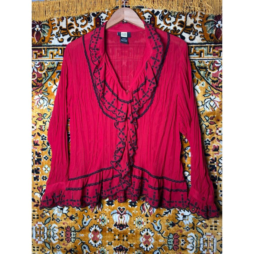 y2K Vintage Sheer Red Flamenco Ruffle Deep V-Neck Chiffon Blouse Plus Size 18/20